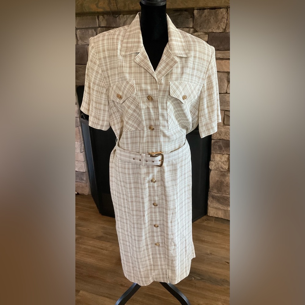 Vintage Lady Carol of New York Plaid Button Front Dress with Belt Size 14